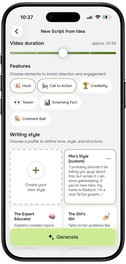 OnHook script settings with video duration and feature blocks